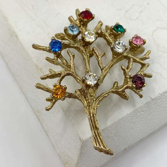 Vintage gold tree of life brooch with colorful rhinestones 15k HGE - Picture 2 of 8